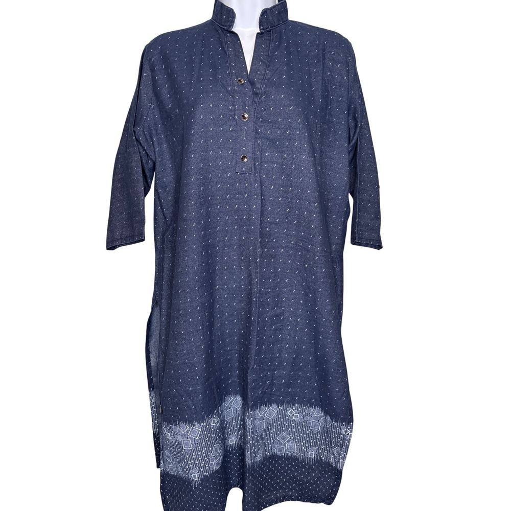 KASHISH Blue Kurta Tunic Dress Sz XL Geometric Print Denim Look Boho Ethnic Airy
